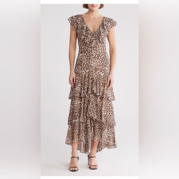 WAYF Animal Print Dress in Cream and Brown